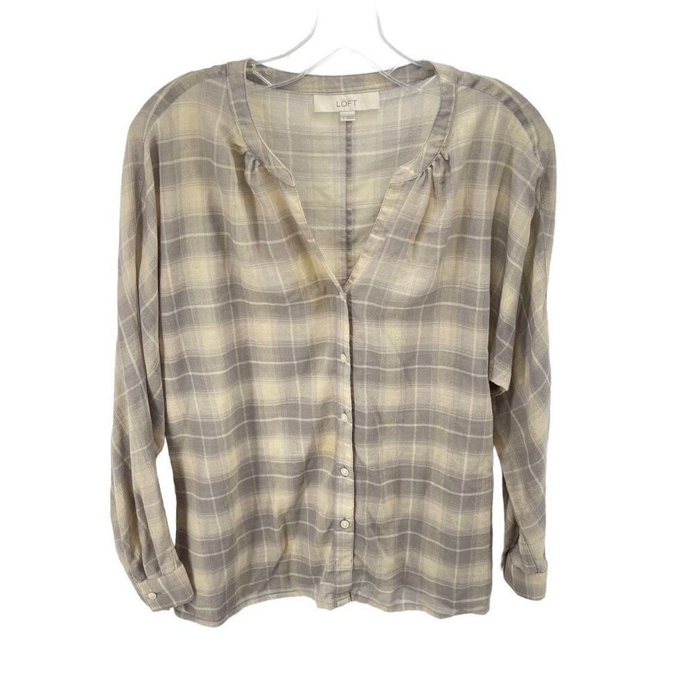 LOFT Womens Button Down Blouse Windowpane Lightweight Long Sleeve Beige Small